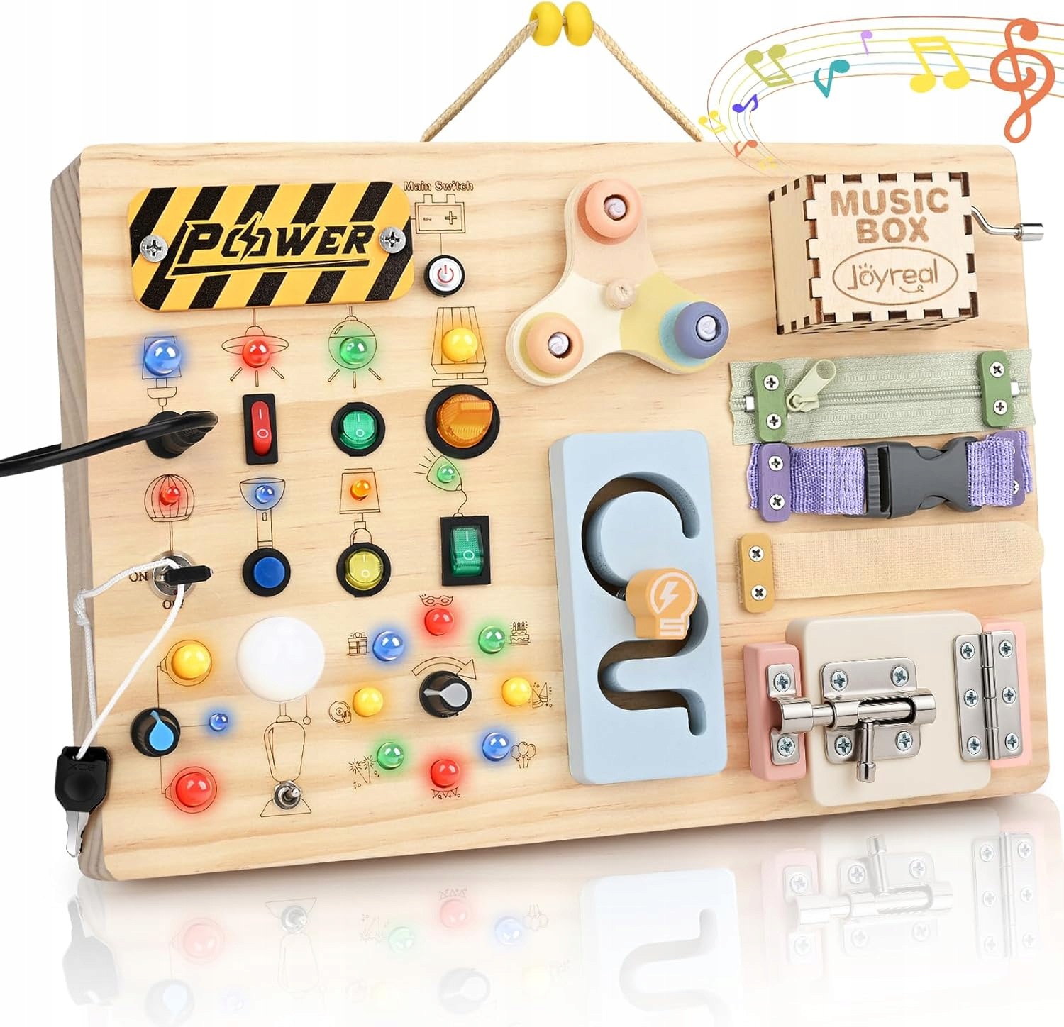 Joyreal Montessori Busy Board 2 w 1 drewniana zabawka sensoryczna Led