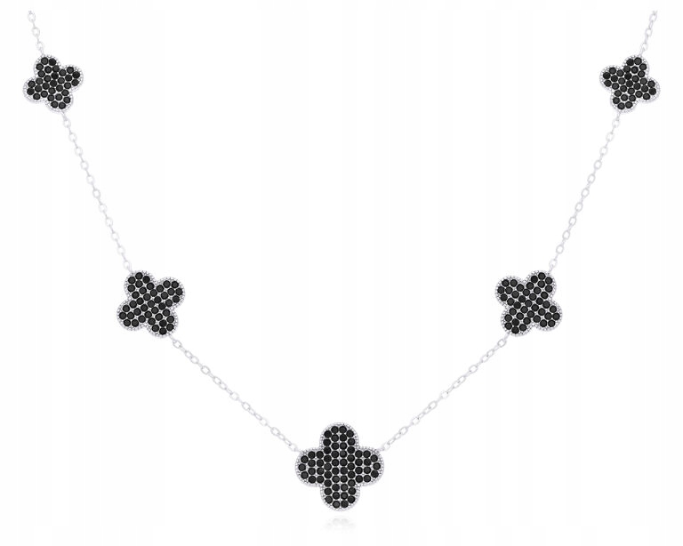 Naszyjnik Srebrny Koniczyny z Czarnymi Cyrkoniami Dla Kobiet pr.925