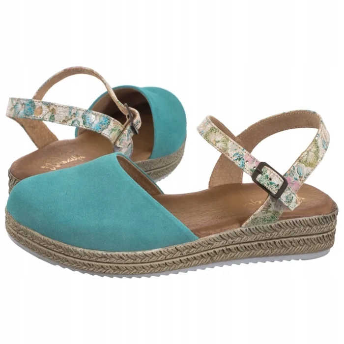 Kožené dámské sandály na podpatku Maciejka Tyrkysové s květinami