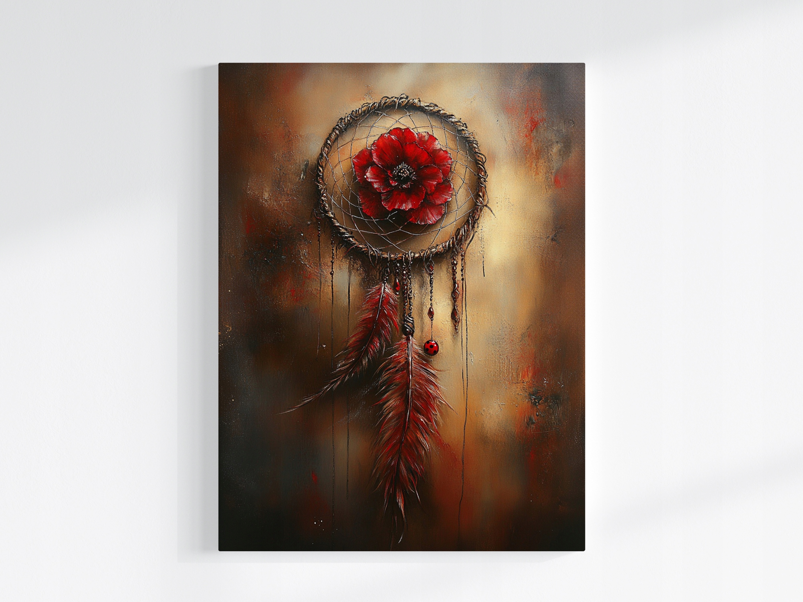 Obraz Na Plátně Canvas Lapač Snů Červený Květ Pera Boho 75x100