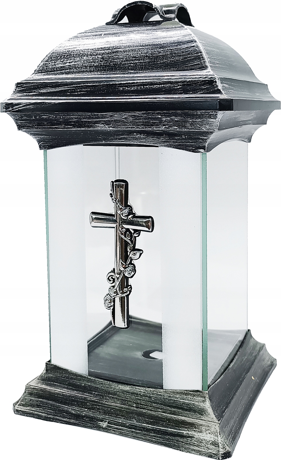 Znicz szklany ozdobny katedra premium APLIKACJA KRZYŻ SREBRNY wys. 26cm