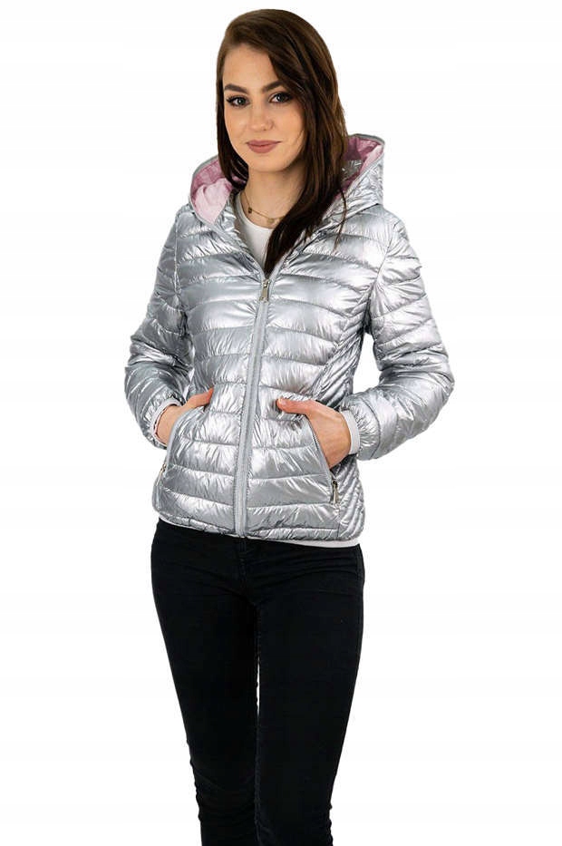 Prošívaná Bunda S Kapuce B9561 Stříbrná XXL (44)
