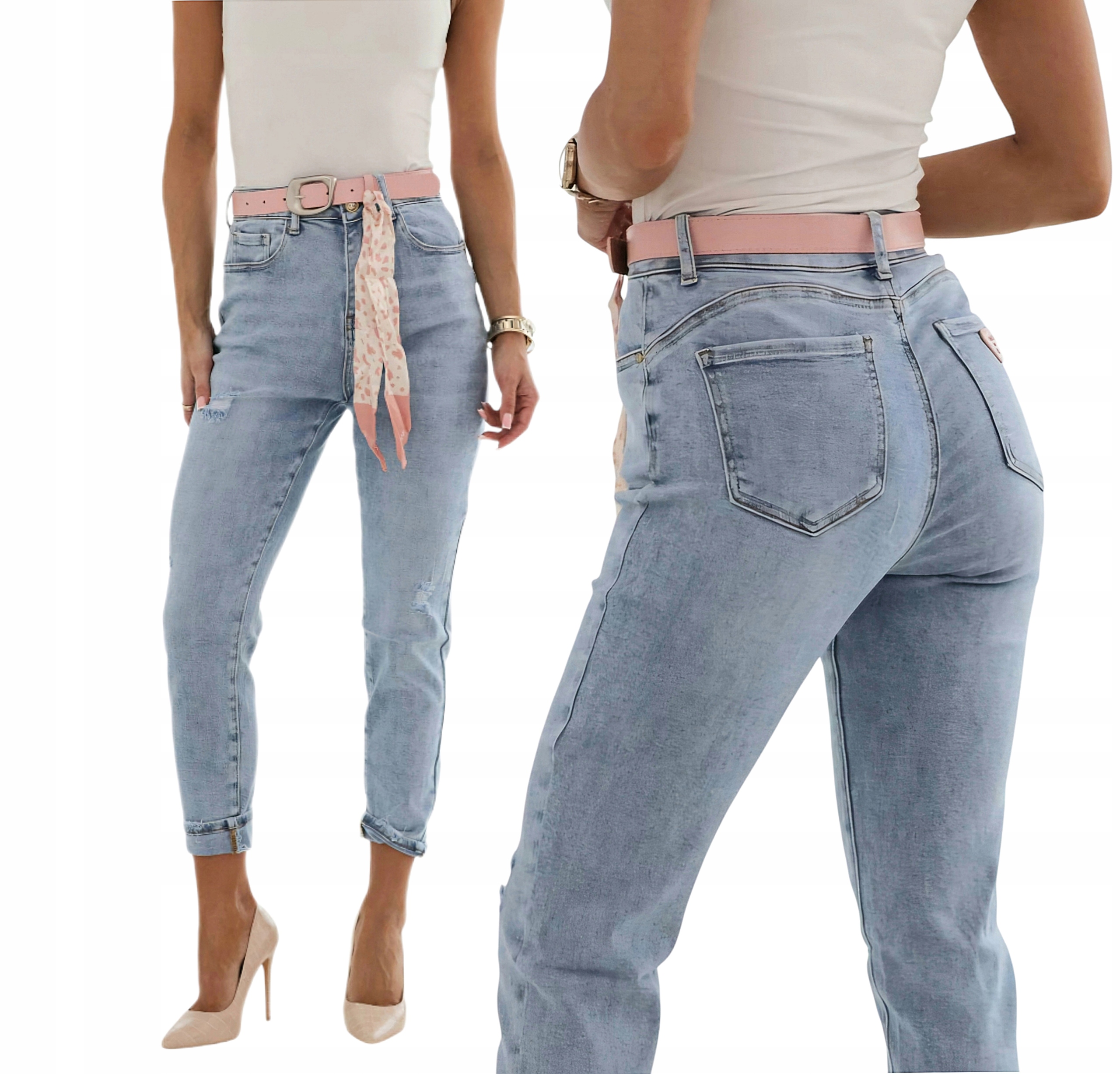 Spodnie Mom Fit Boyfriend Jeans Push Up Z Paskiem L 40 jasnyniebieskie