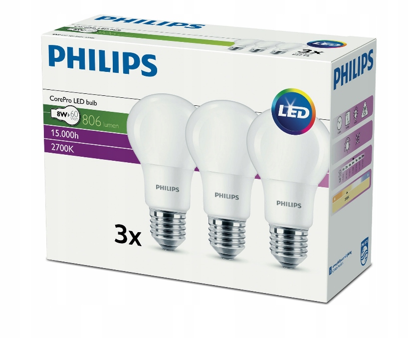 

Żarówka A+ Philips CorePro Led 8W (60W) 2700K 3szt