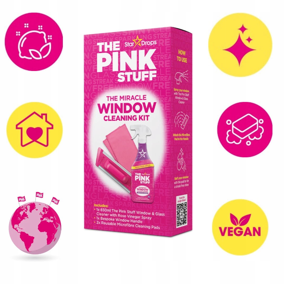 Levně Pink Stuff Sada Na Mytí Oken S Tekutinou Na Okna 850 ML