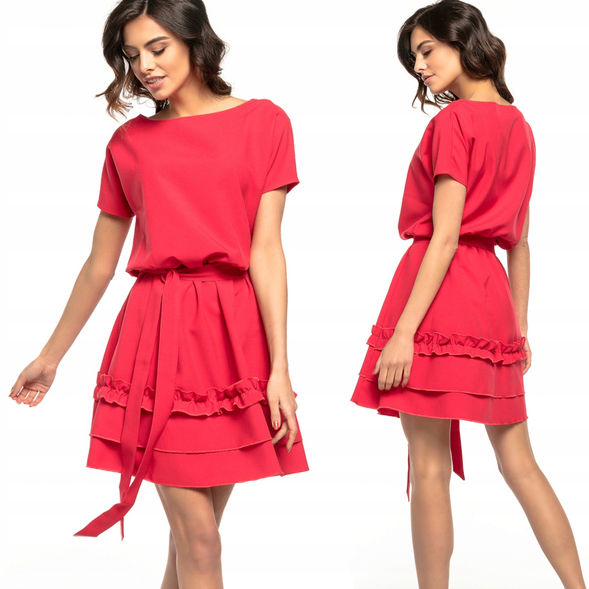 Elegantní Dámské Ženské Šaty MIDI S Malinovým Volánkem S 36