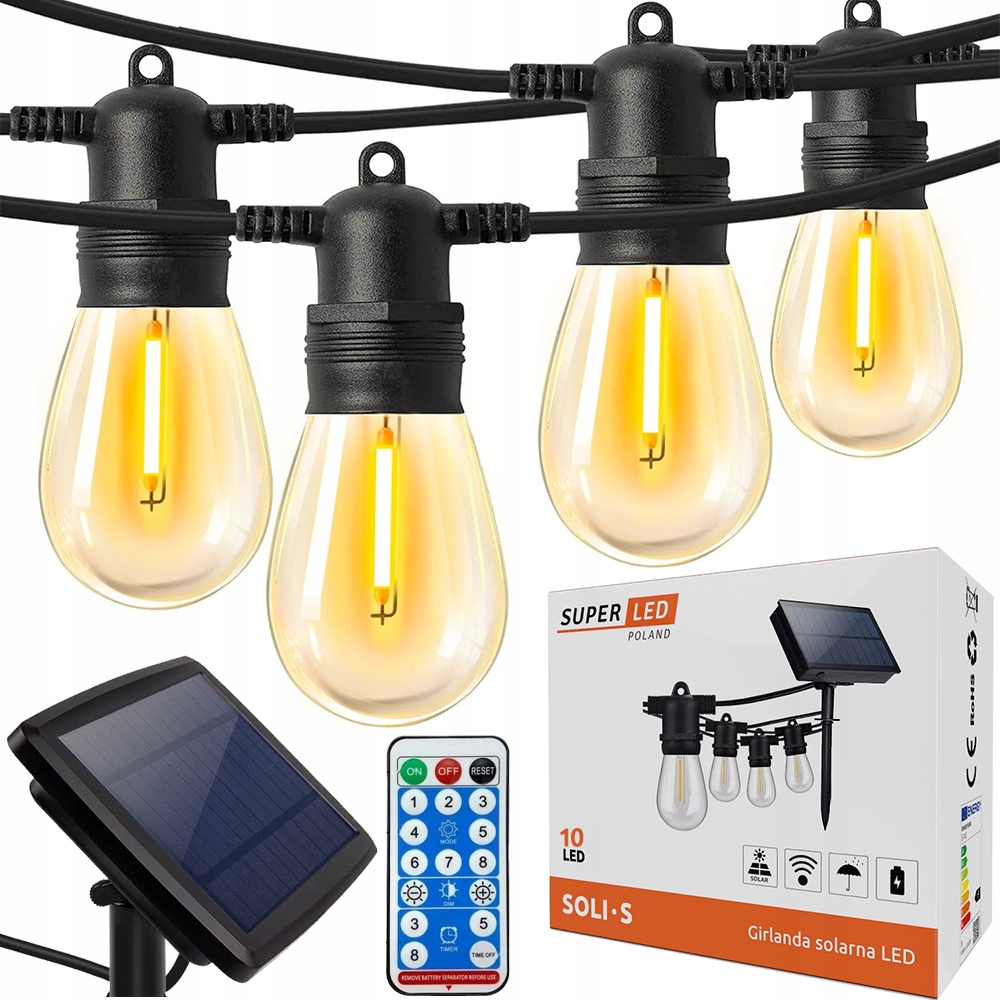 Girlanda ogrodowa solarna Led łańcuch 10m 10x E27 Led filament pilot