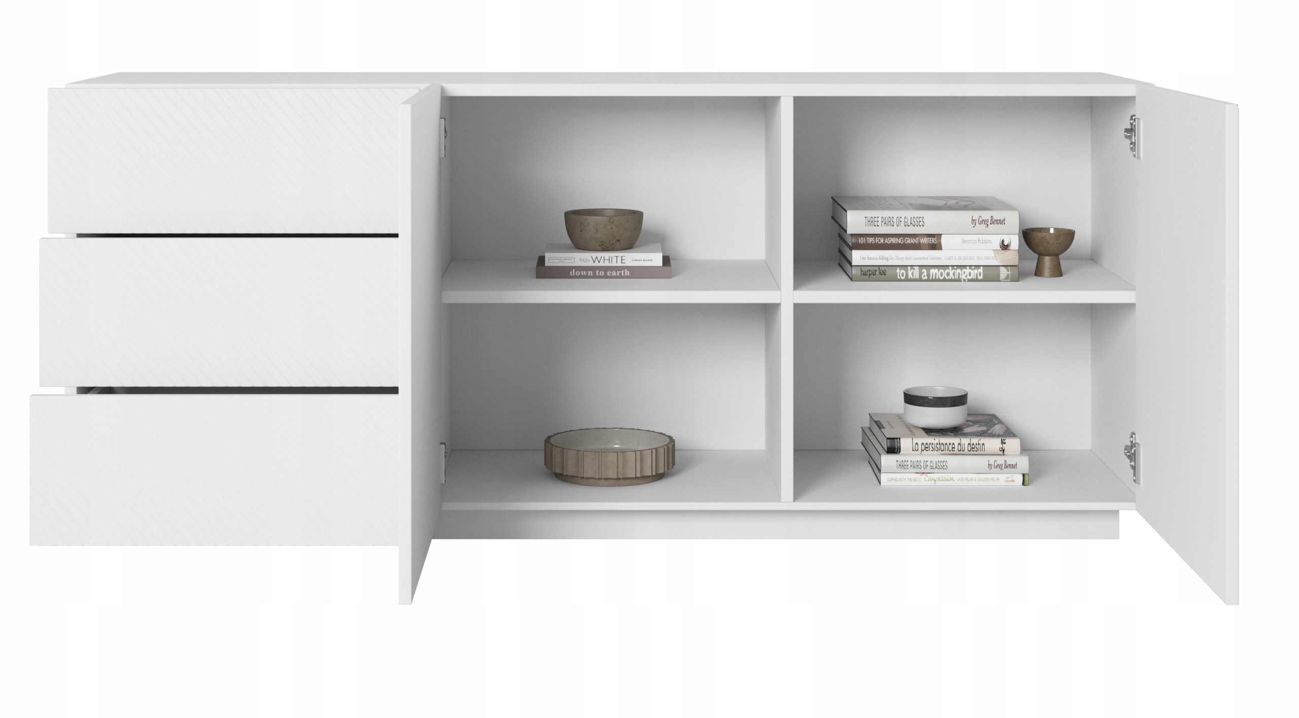 BIAŁA KOMODA Z 3 SZUFLADAMI szafka SALON SYPIALNIA NOWOCZESNA RYFLOWANA 167 Wysokość mebla 71 cm