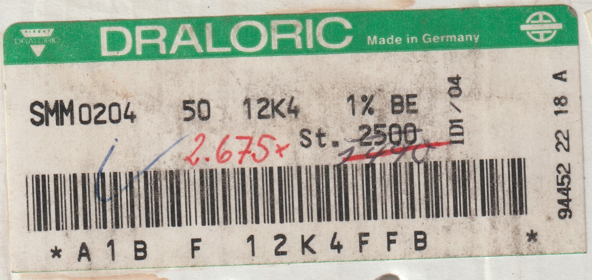 [100szt] 12K4 1% 50ppm rezystor Smd minimelf SMM0204 Draloric low noise