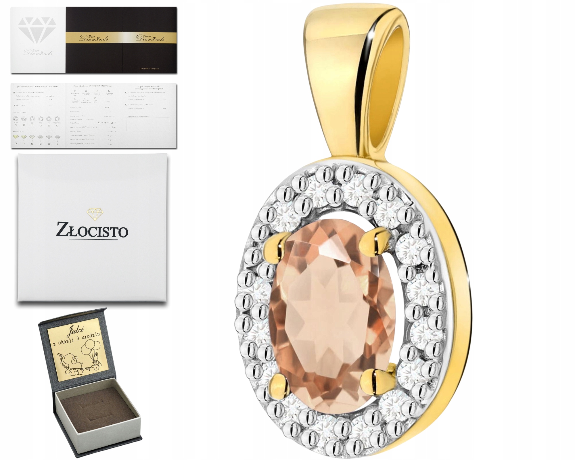 Zlatý Přívěsek Přírodní Kámen Morganit Diamanty Zlato 585 14K