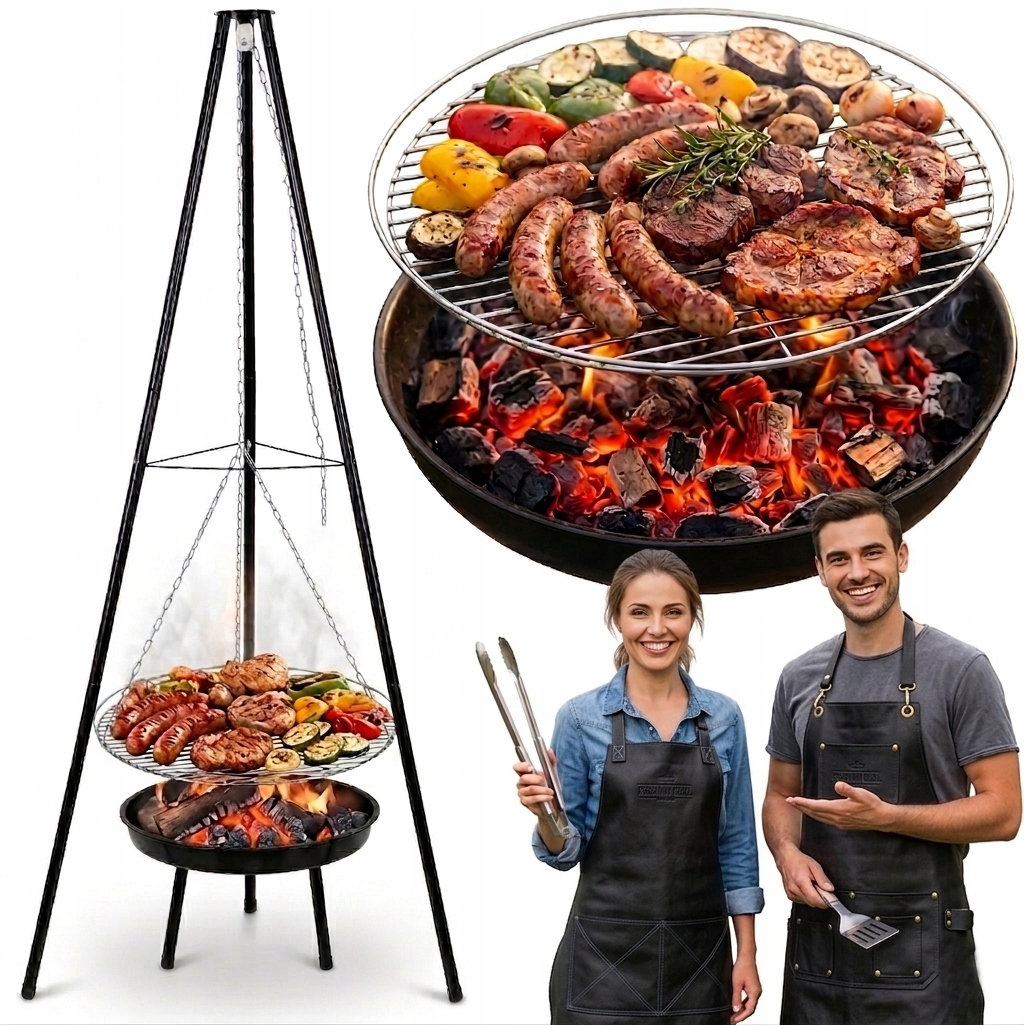 PALENISKO TRÓJNÓG GRILL RUSZT OGNISKOWY OGRODOWY WISZĄCY DUŻY 52CM OGNISKO