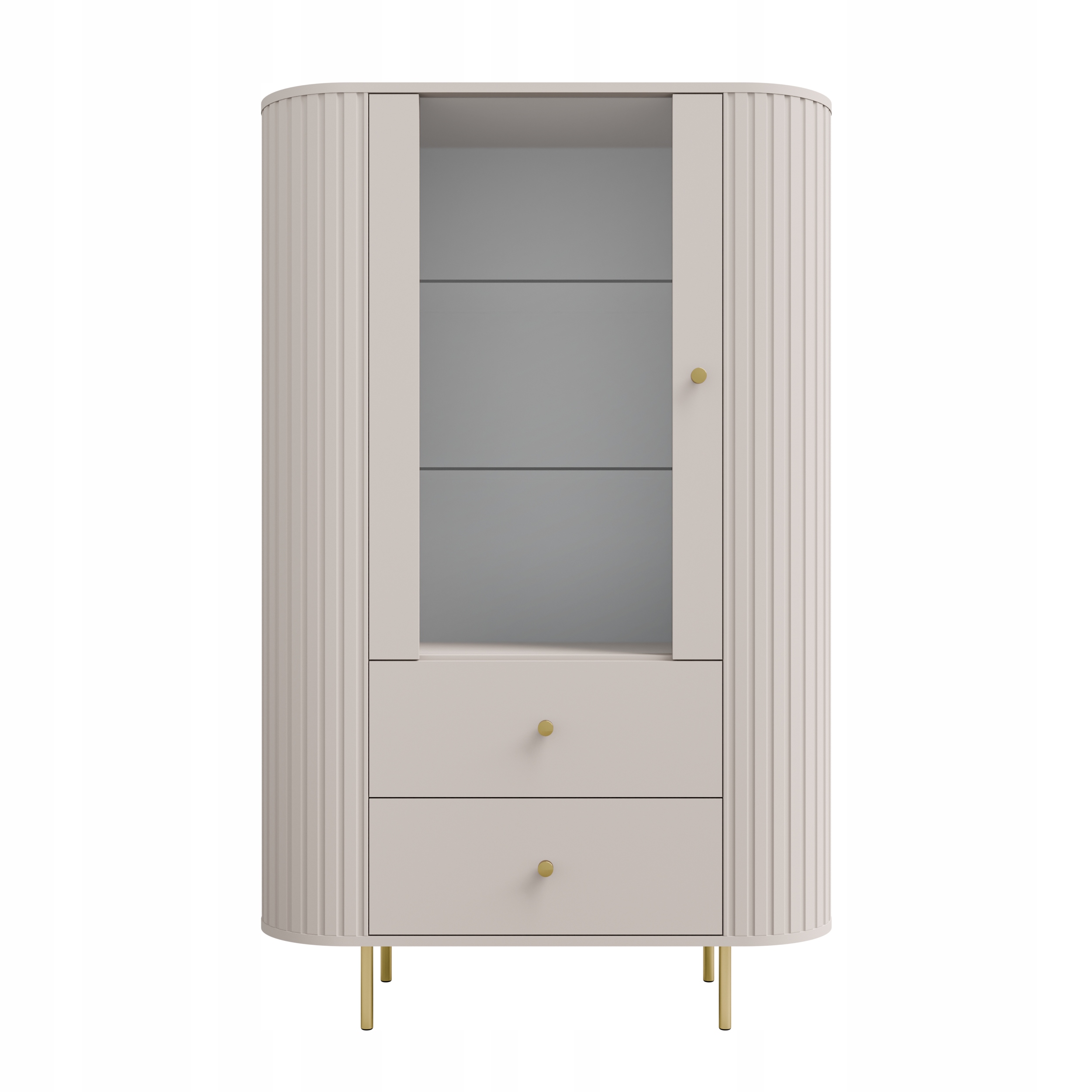 Vitrína Aureo 1F 2S Béžová Písková Tvrzené Sklo Zlaté nohy do obývacího pokoje