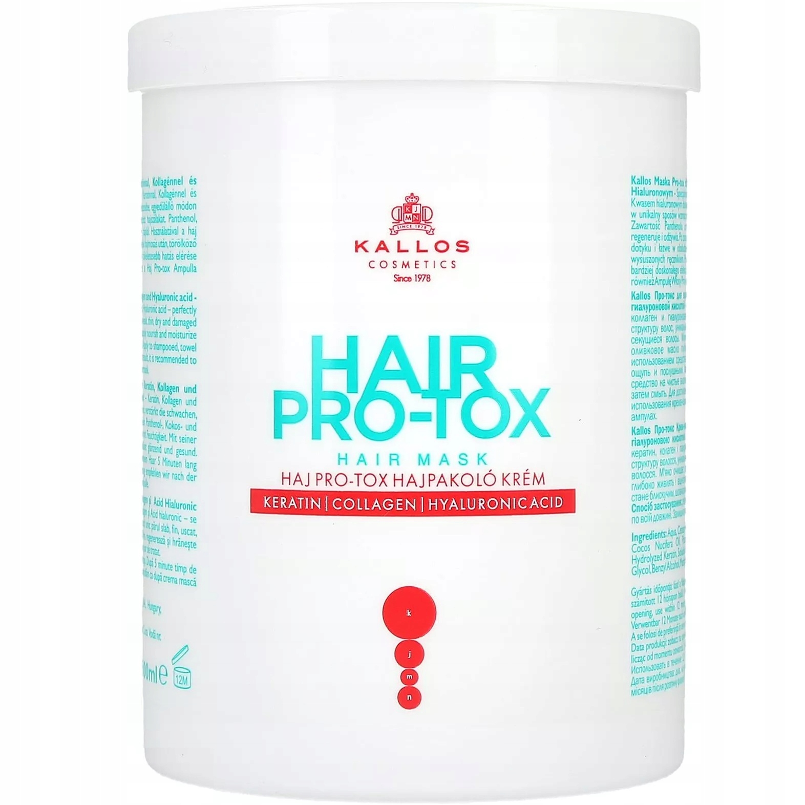 KALLOS KJMN 1L maska do włosów HAIR PRO-TOX 1000ml keratyna + kolagen