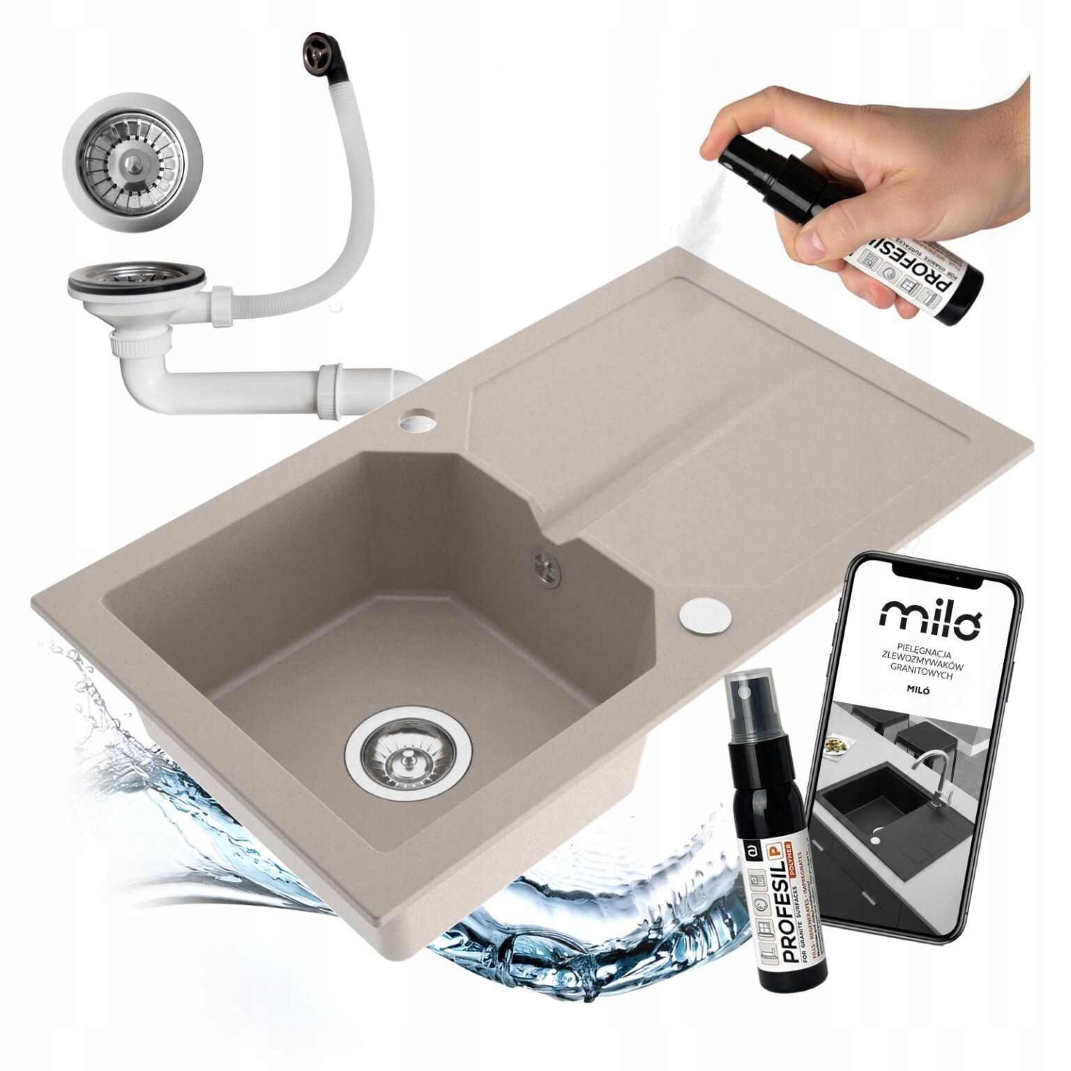 Granitový Jednokomorový Drez Miló Kenzo Set Sifón Dlhý Odkapávač