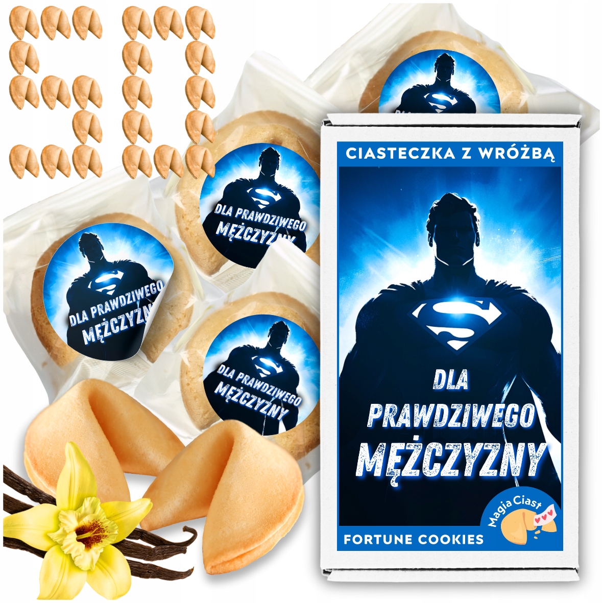 Ciasteczka z Wróżbą 50 na Dzień Chłopaka Mężczyzn Upominek Naklejki
