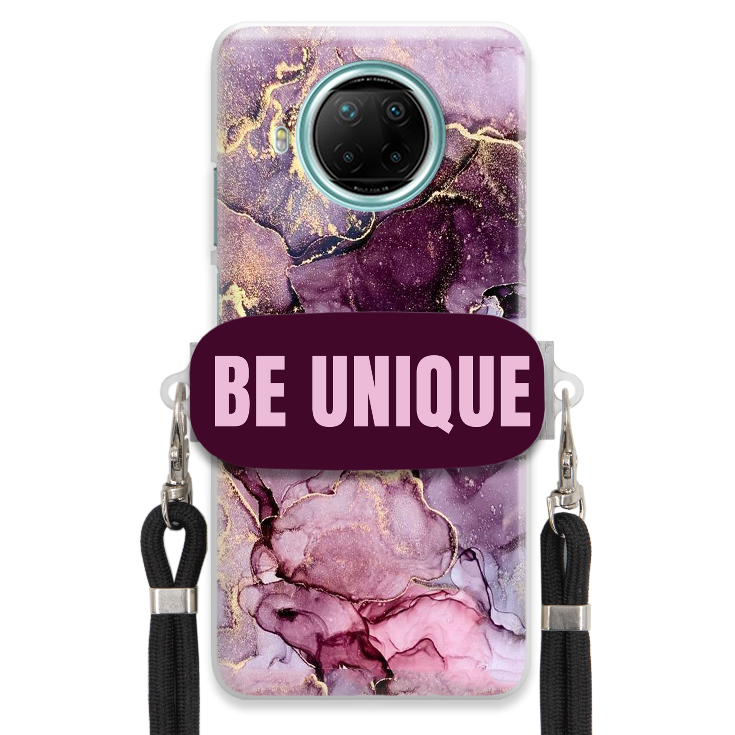 Puzdro pre Xiaomi Redmi Note 9 5G držiak na šnúrku Čierny fialový mramor