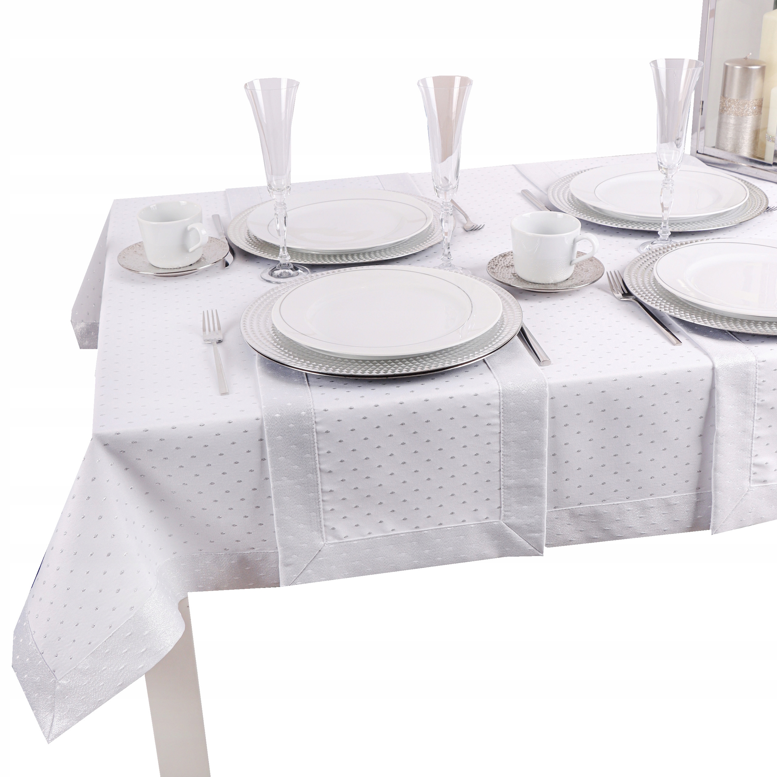 

Obrus Biały Kropki Lux 200x140 świąteczny srebrny