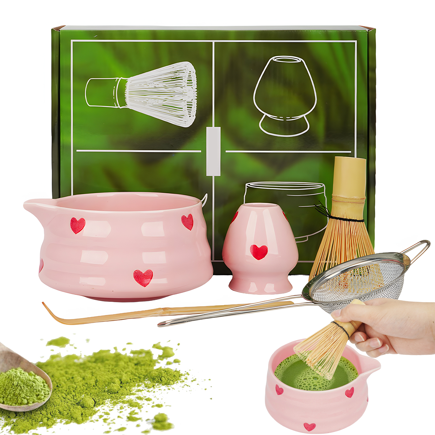 Levně Matcha Ceremoniální Sada S Keramickou Miskou A Šlehací Metlou, Růžová