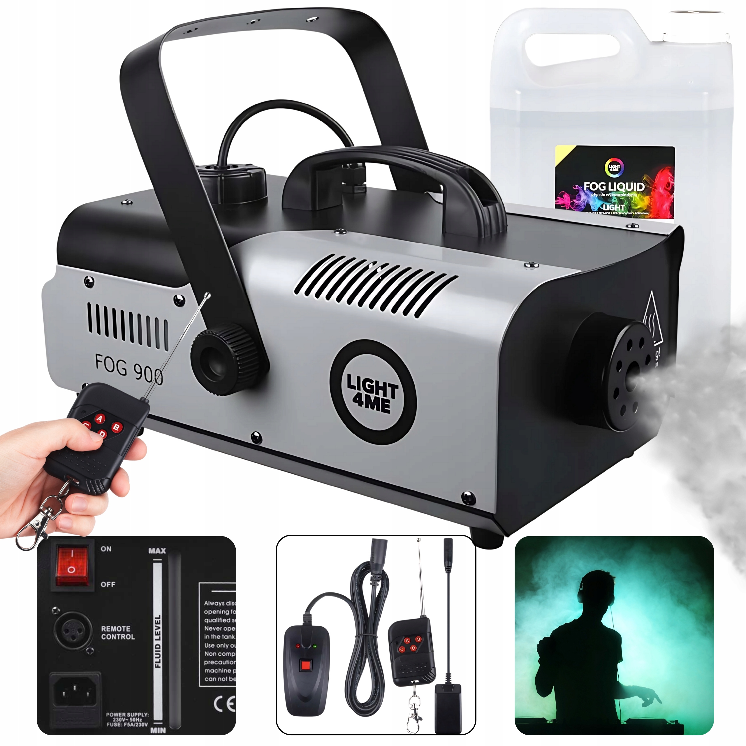 Vytvárač Dymu Hmla Dymový Mocný LIGHT4ME Fog 900W dva diaľkové ovládače tekutina 5 l