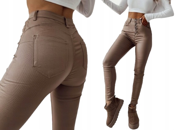 Spodnie woskowane damskie rurki skinny push up eko skóra guziki S/36