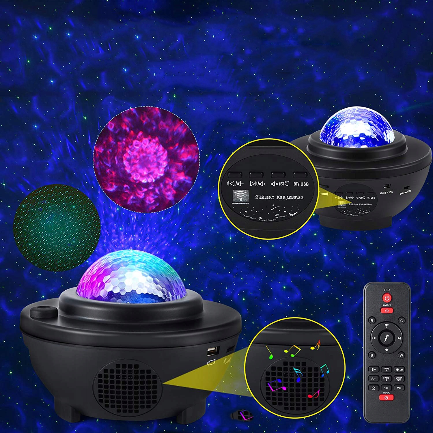 PROJEKTOR LAMPKA NOCNA GWIAZD RZUTNIK NIEBA LED GŁOŚNIK BLUETOOTH + PILOT Kod producenta gee55BK11