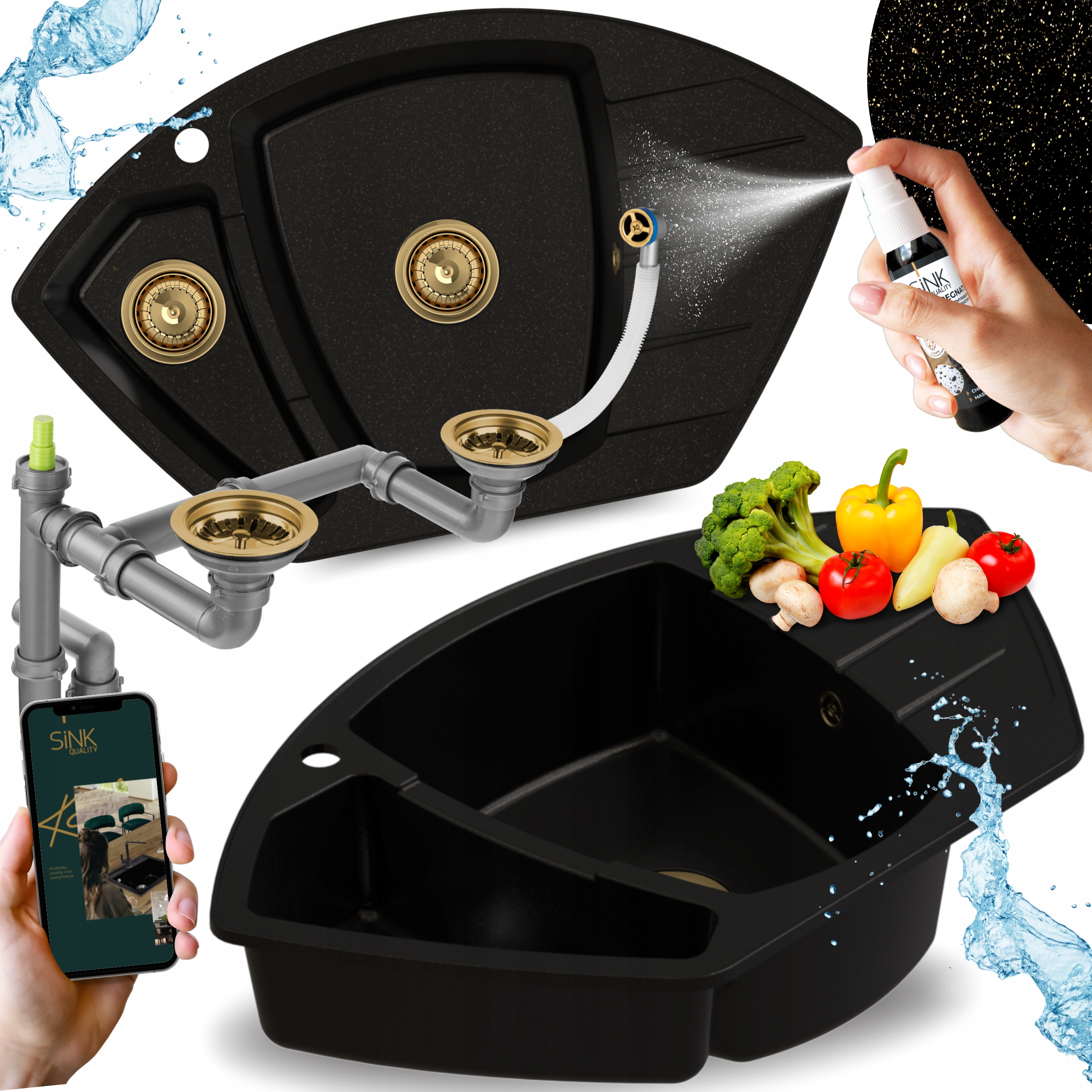 dřez Rohové Granitové dvoukomorové s odkapávačem, zlaté částečky