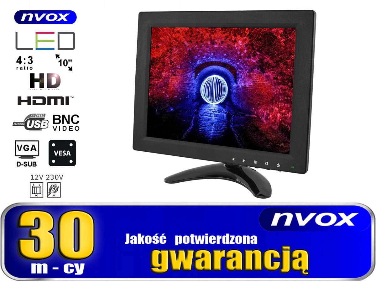 NVOX Monitor LED 10' VGA HDMI USB 12/230V Gw.30m. Stan opakowania oryginalne