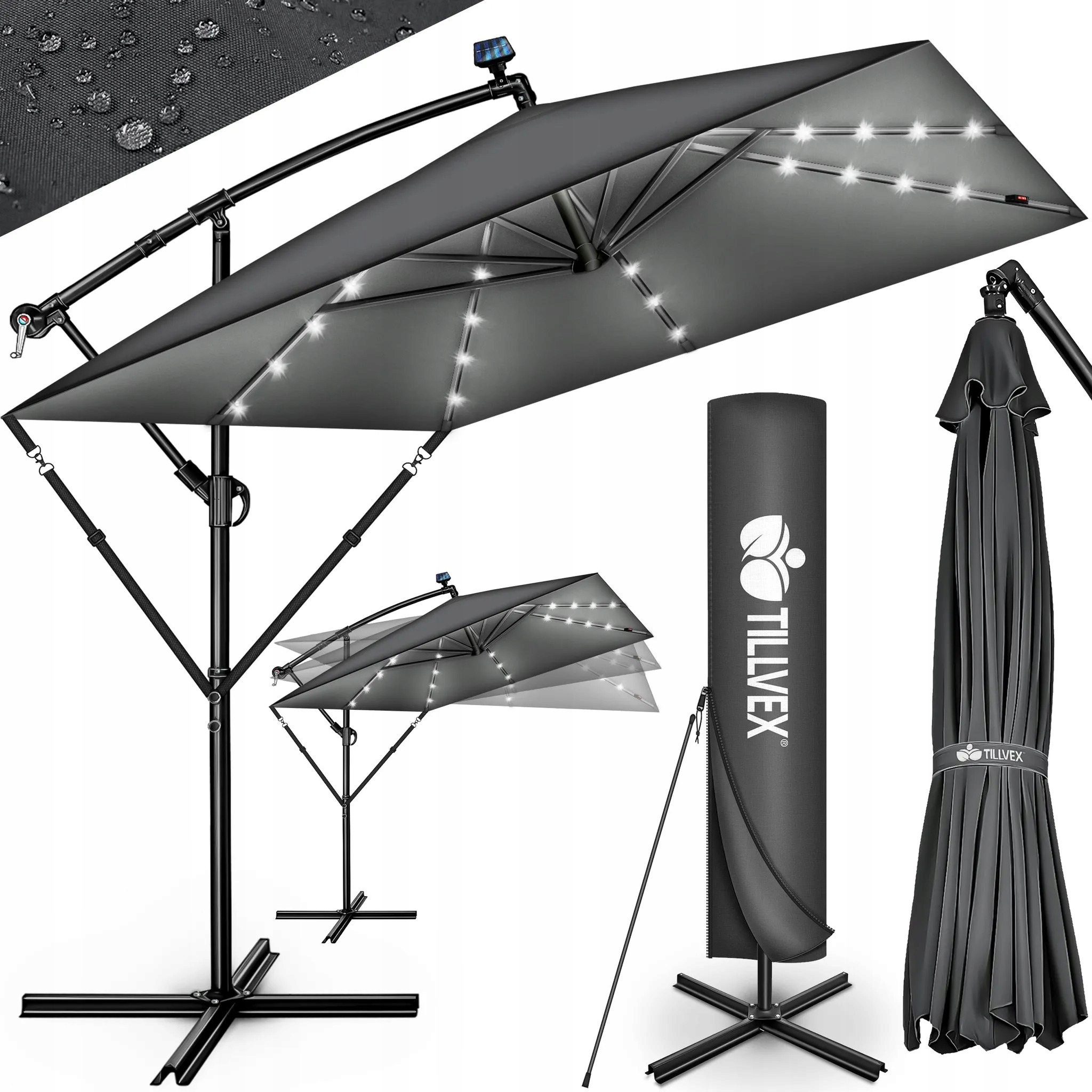 Deštník s osvětlením, šedý, průměr 330 cm