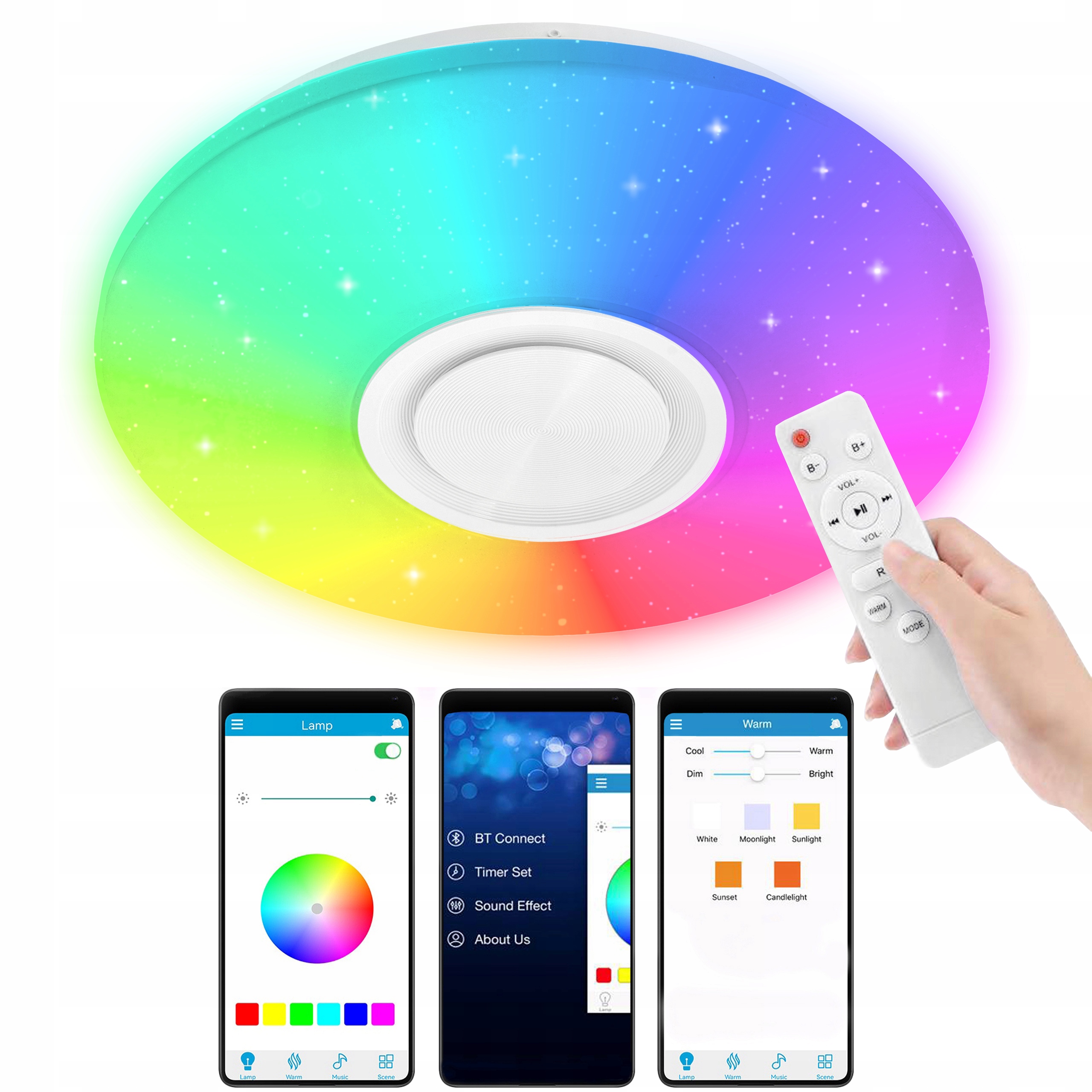 Lampa plafon Led Rgb Kolorowa Głośnik Bluetooth 60w Pilot Aplikacja Smart
