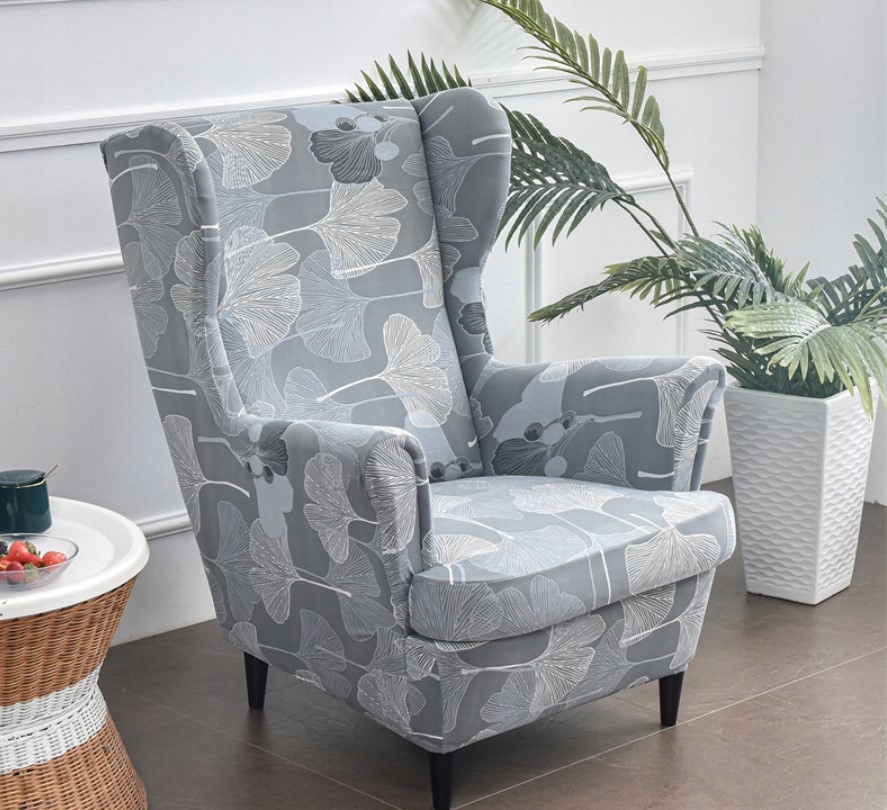 Potah Na Křeslo Ušák Šedý Listy Vzory Elastický