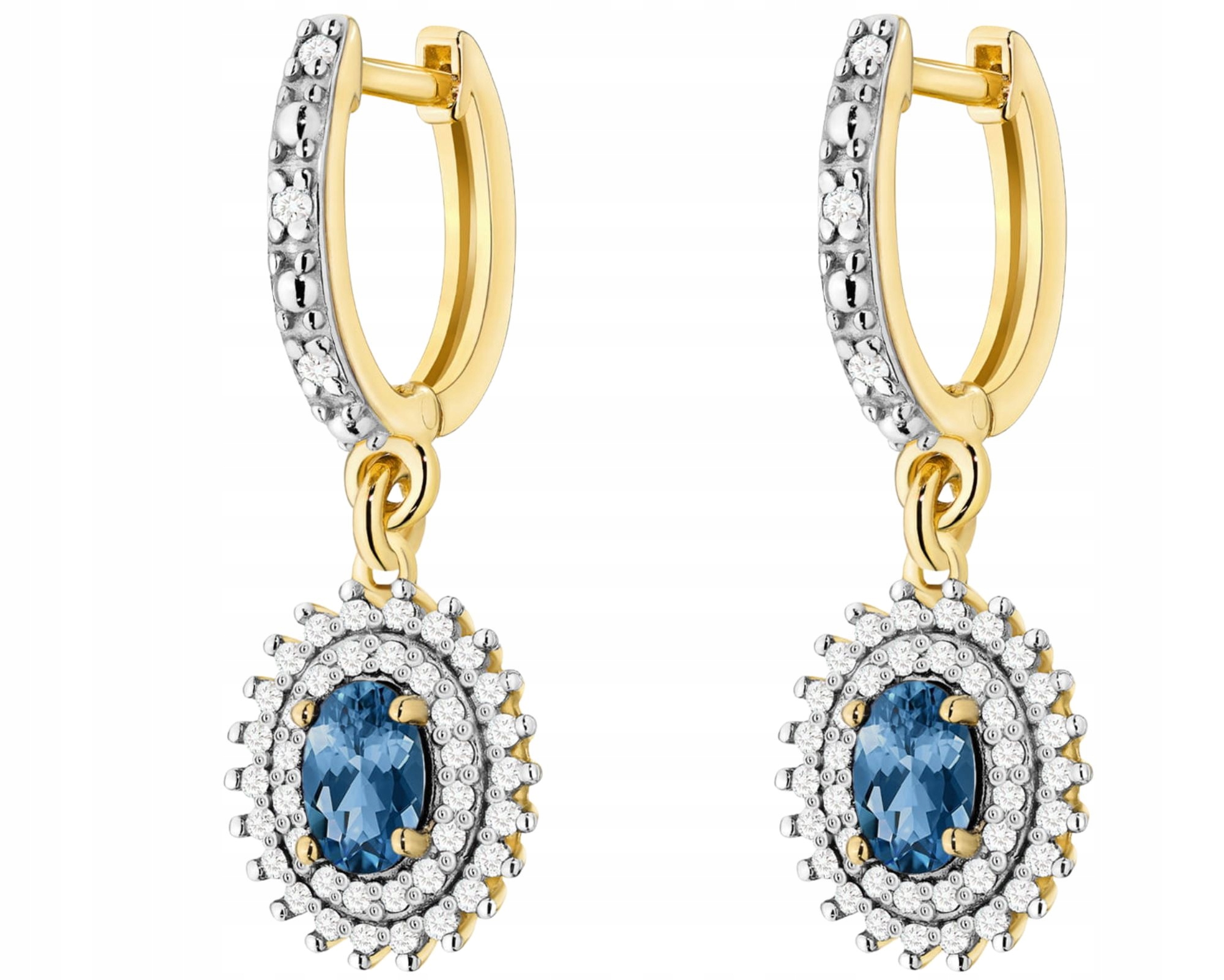 Zlaté Náušnice Přírodní Kámen Topaz London Blue Diamanty Zlato 585 14K