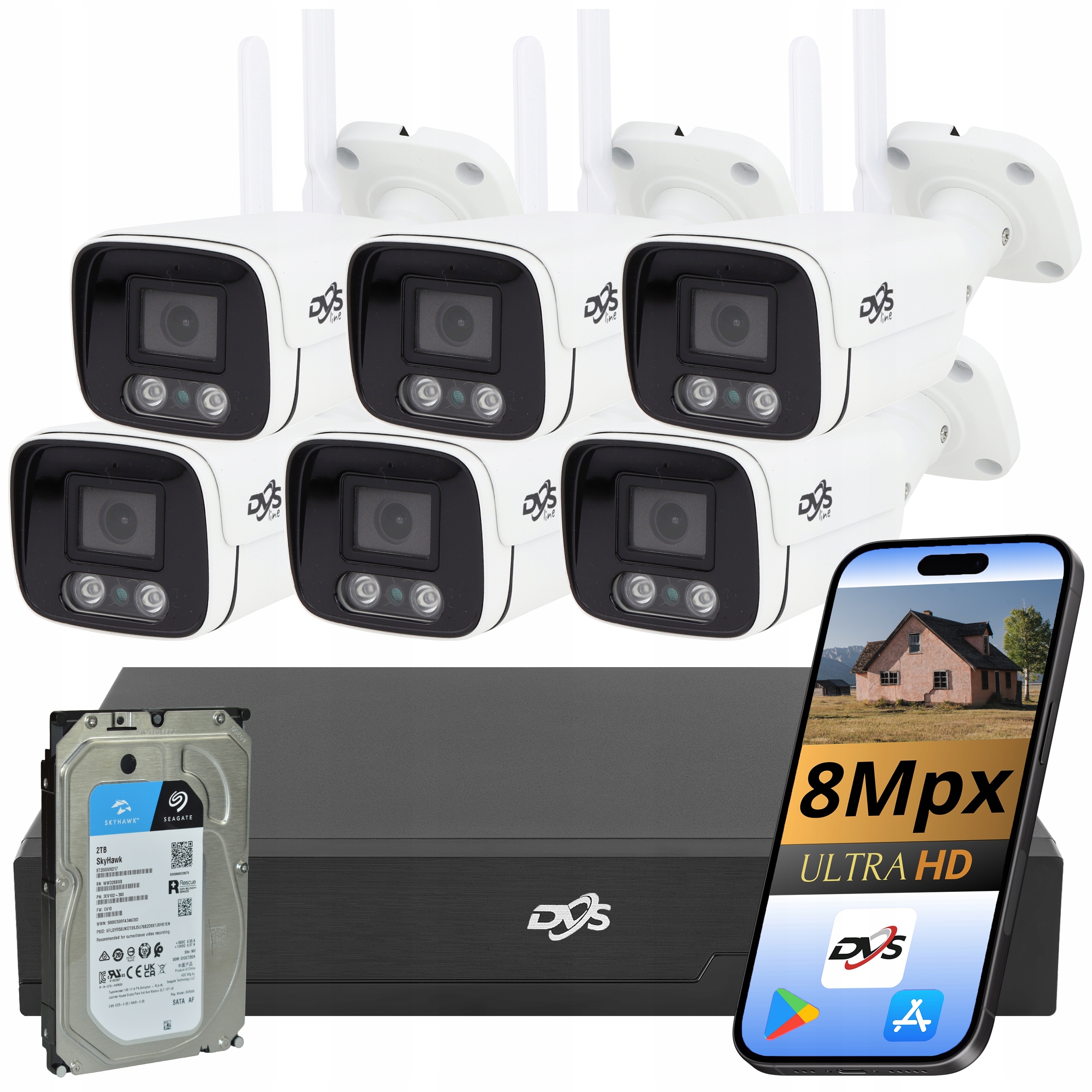 Sada 6 Kamer Wifi Bezdrátová Bílá 4K 8Mpx Monitorovací Tuba Disk 2TB