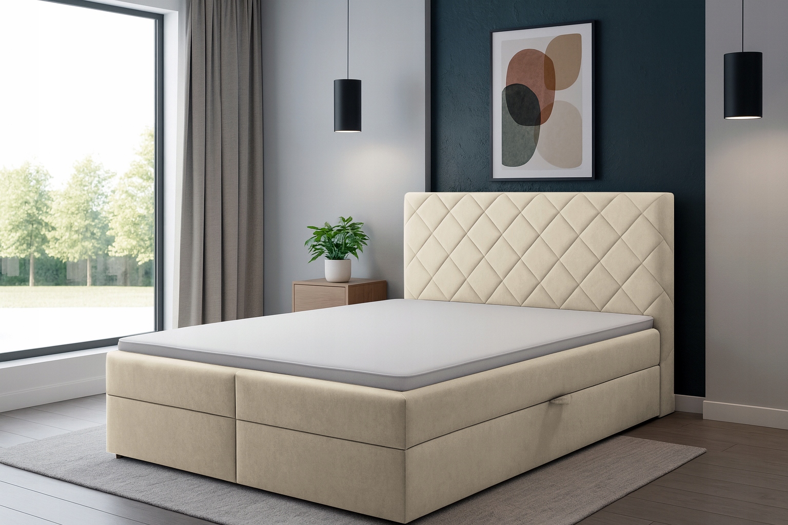 Kontinentální postel Zori s úložným prostorem na povlečení krémový velur 160x200