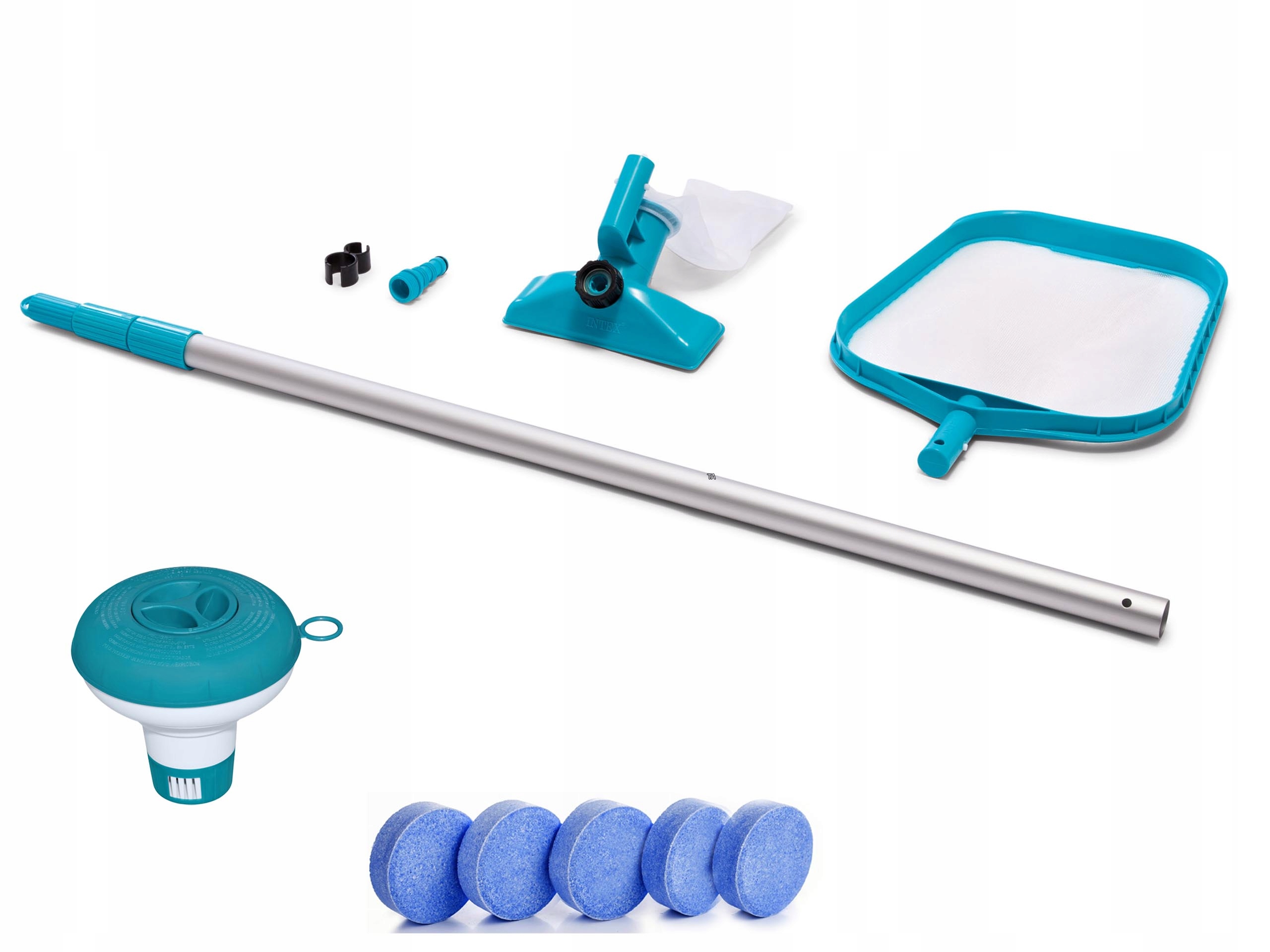 Odkurzacz Siatka Do Czyszczenia Basenu Zestaw Pływak Chemia Tabletki Chlor