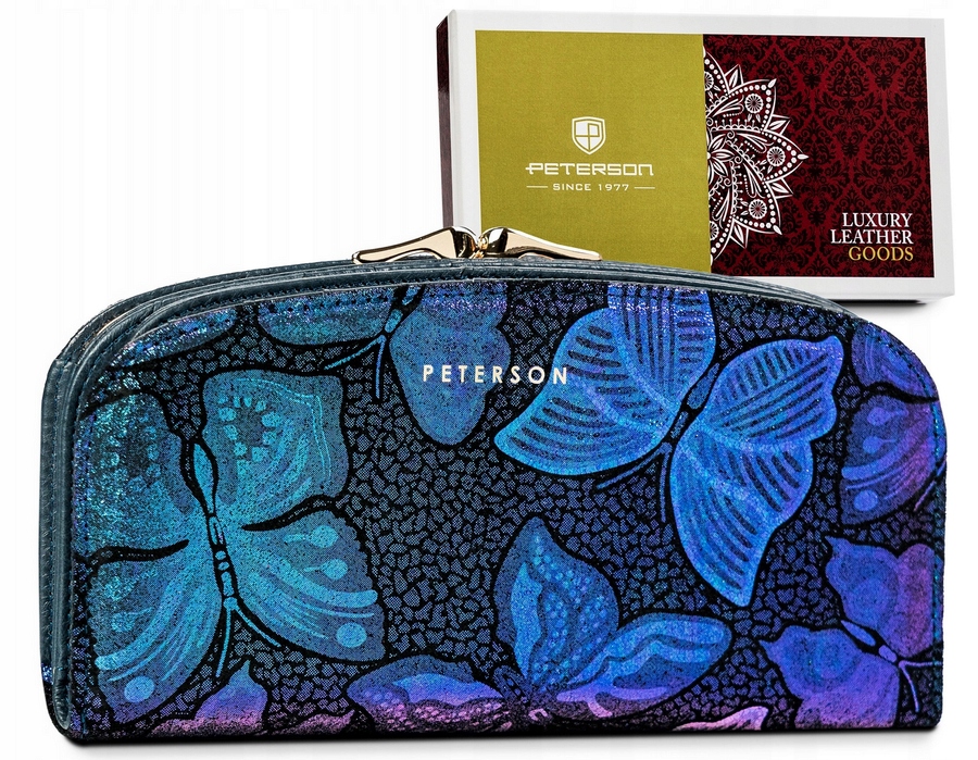 Portfel skórzany damski Rfid Stop holograficzny wzór motyle Peterson