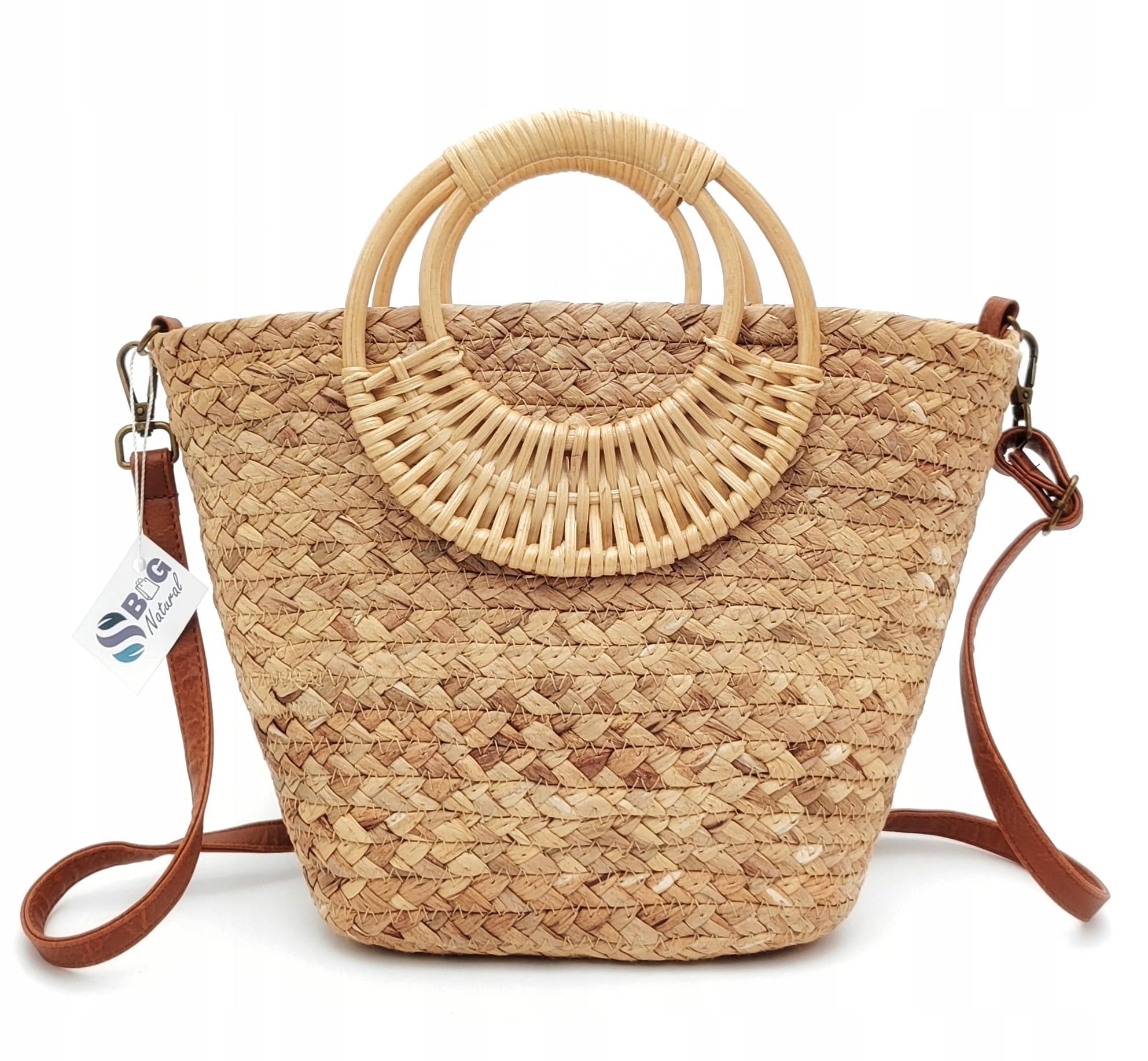 Torebka koszyk z bambusowym uchwytem pleciona letnia trawa morska