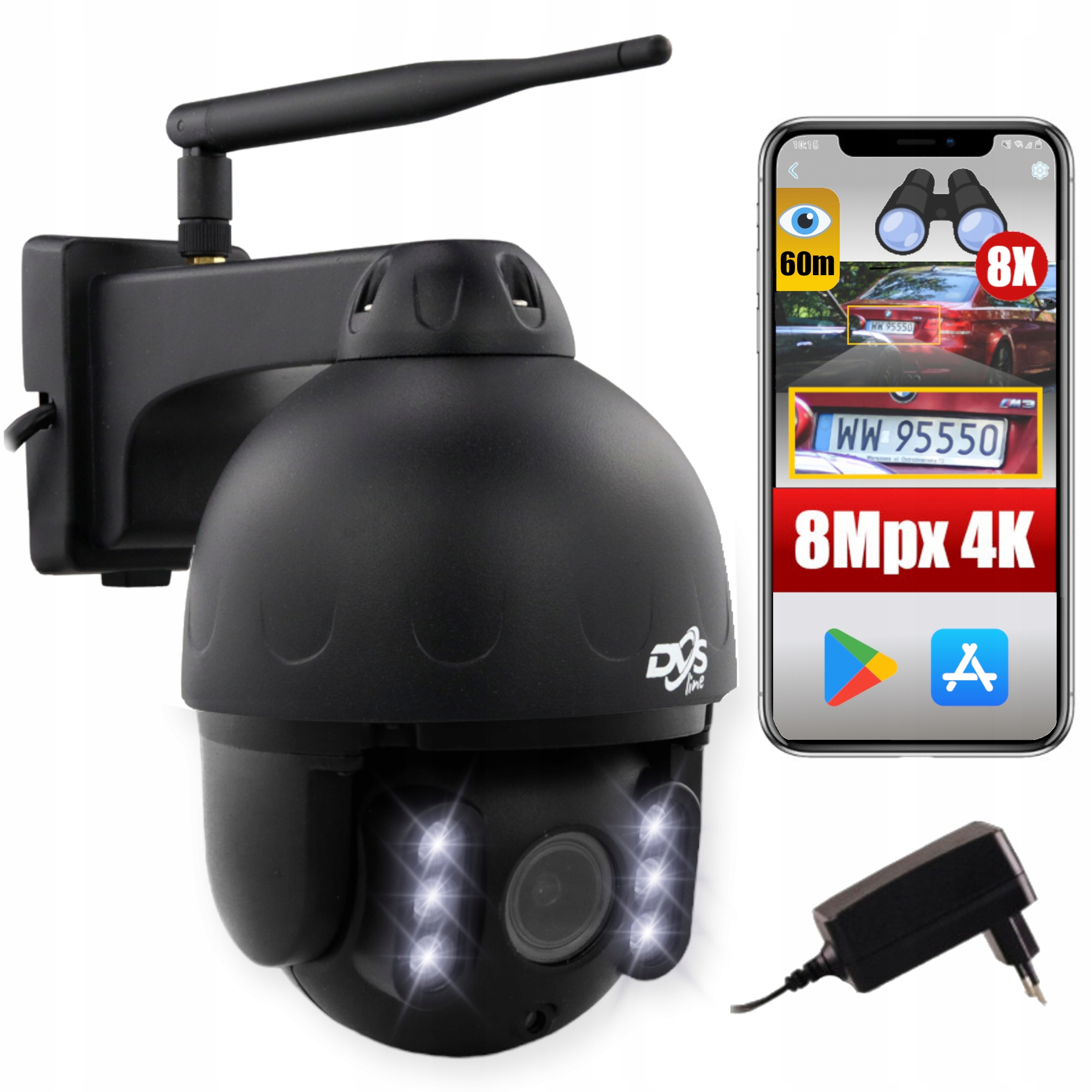 CZARNA ZEWNĘTRZNA KAMERA WIFI OBROTOWA BEZPRZEWODOWA 4K 8X ZOOM 8Mpx AUDIO