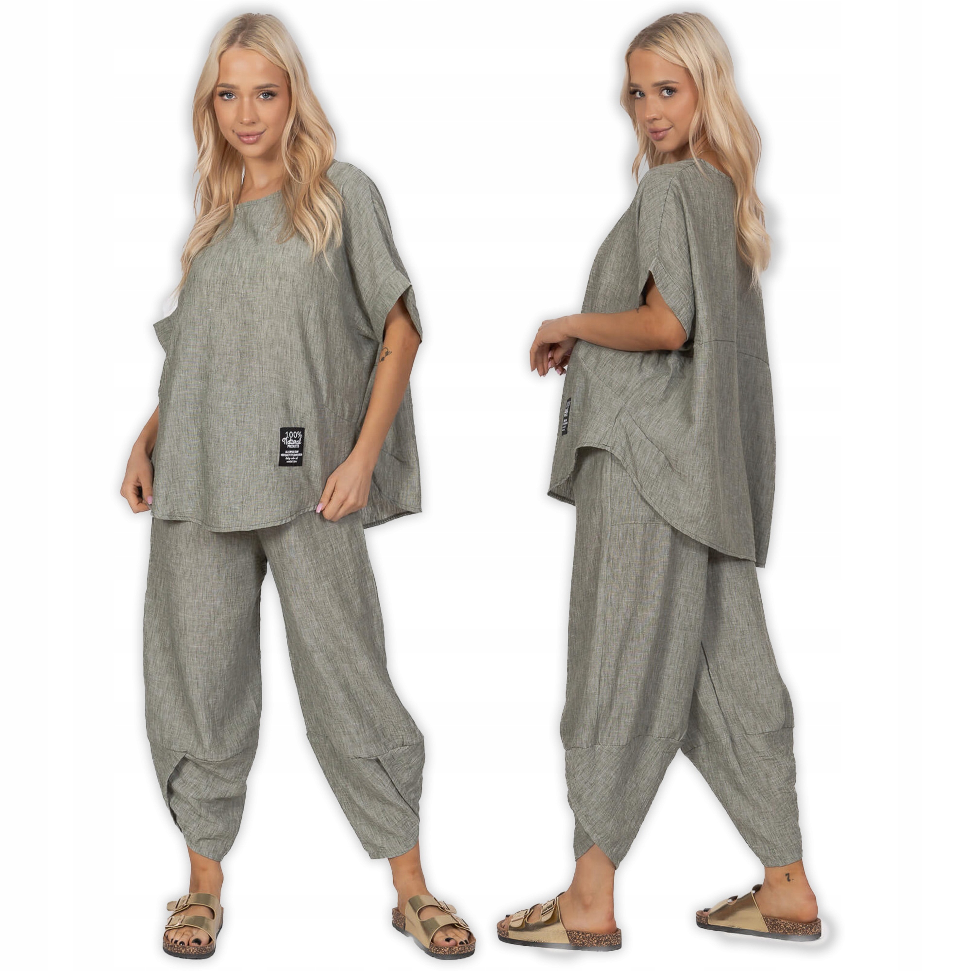 Letní dámský komplet Pnk Fashion Bluza/Kalhoty balloon Khaki S/l