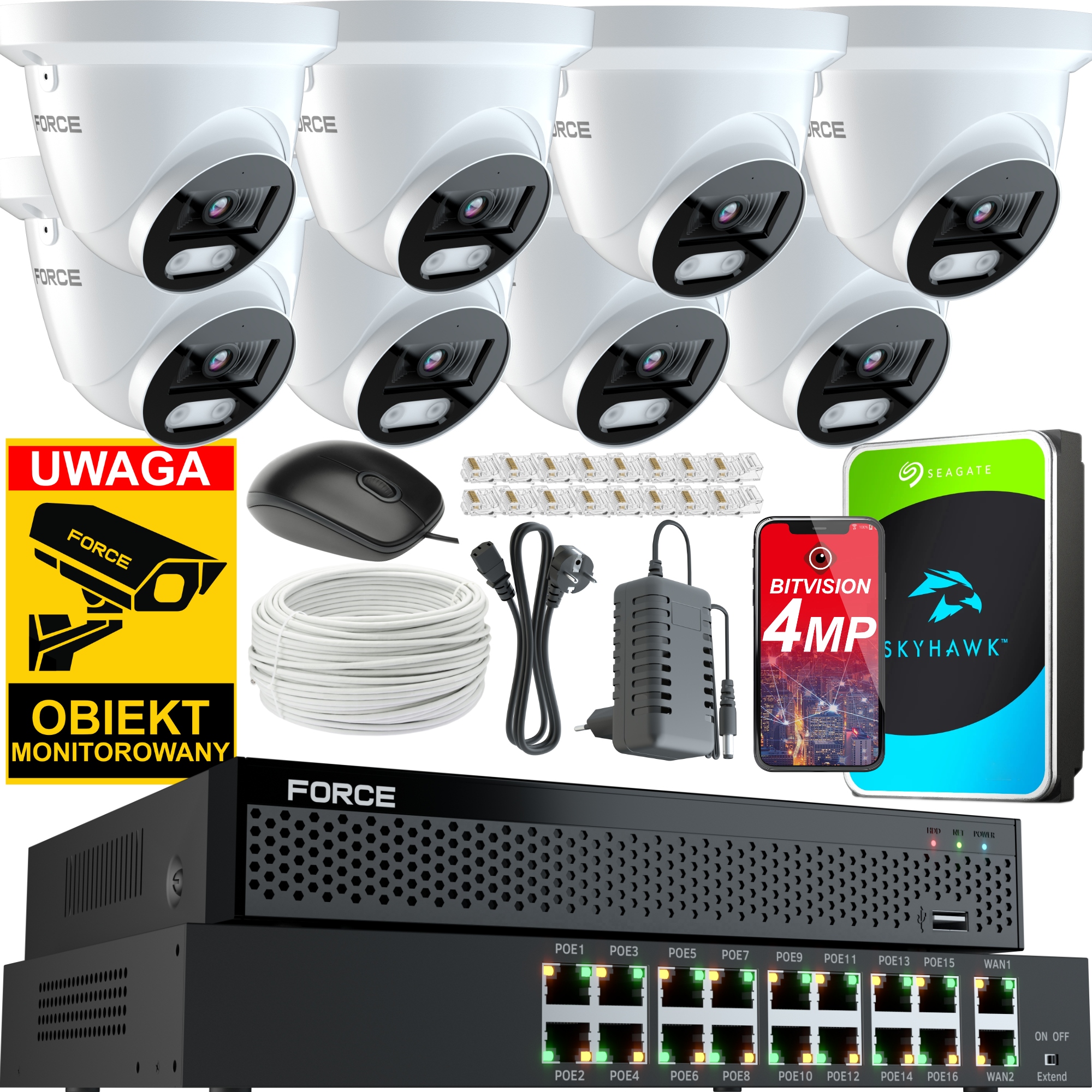 Force Monitorovací sada 8x Ip kamera 4MPx 2K, Disk 1TB Switch Poe 16CH