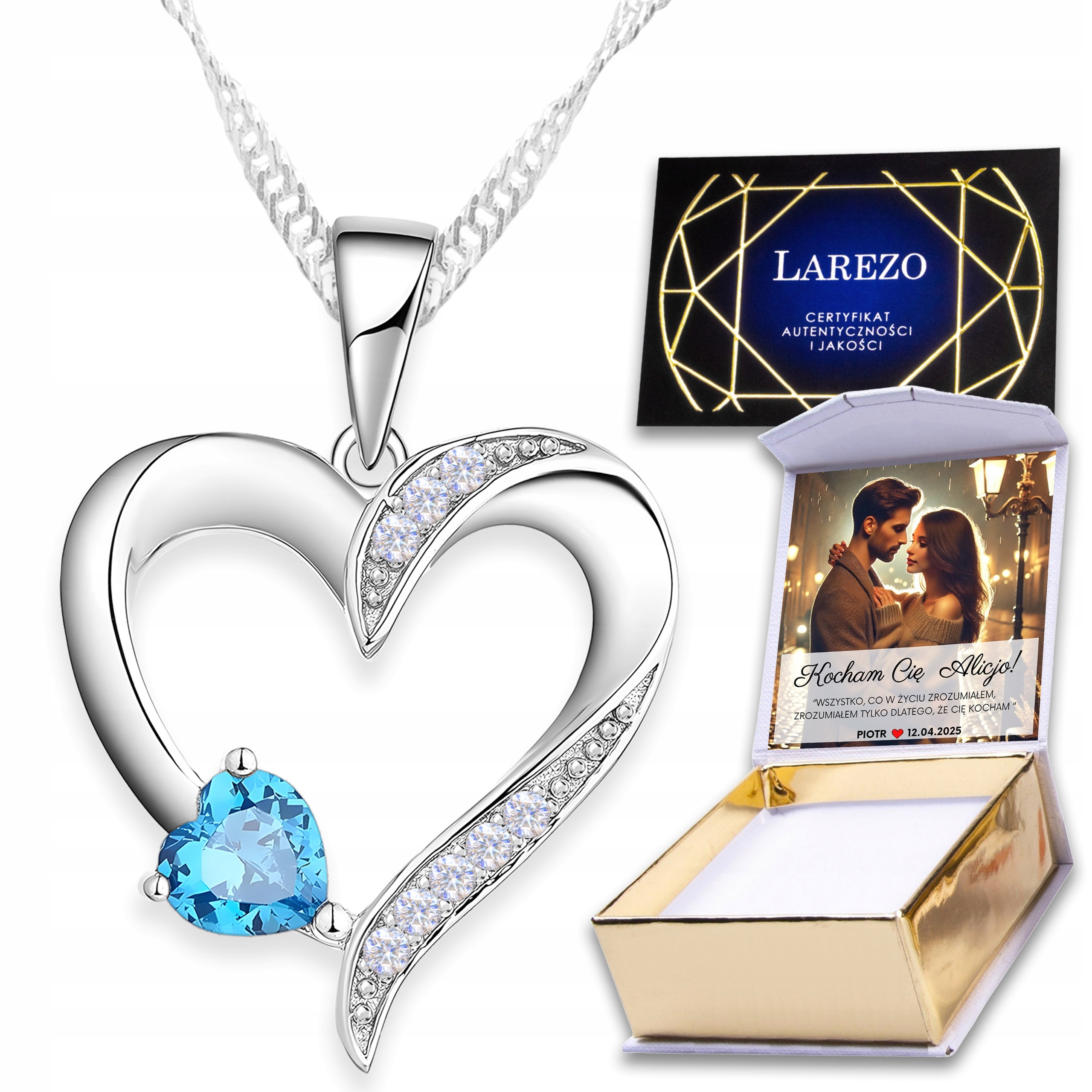 Stříbrný náhrdelník 925 Modré srdíčko Zirkon Láska Love Print