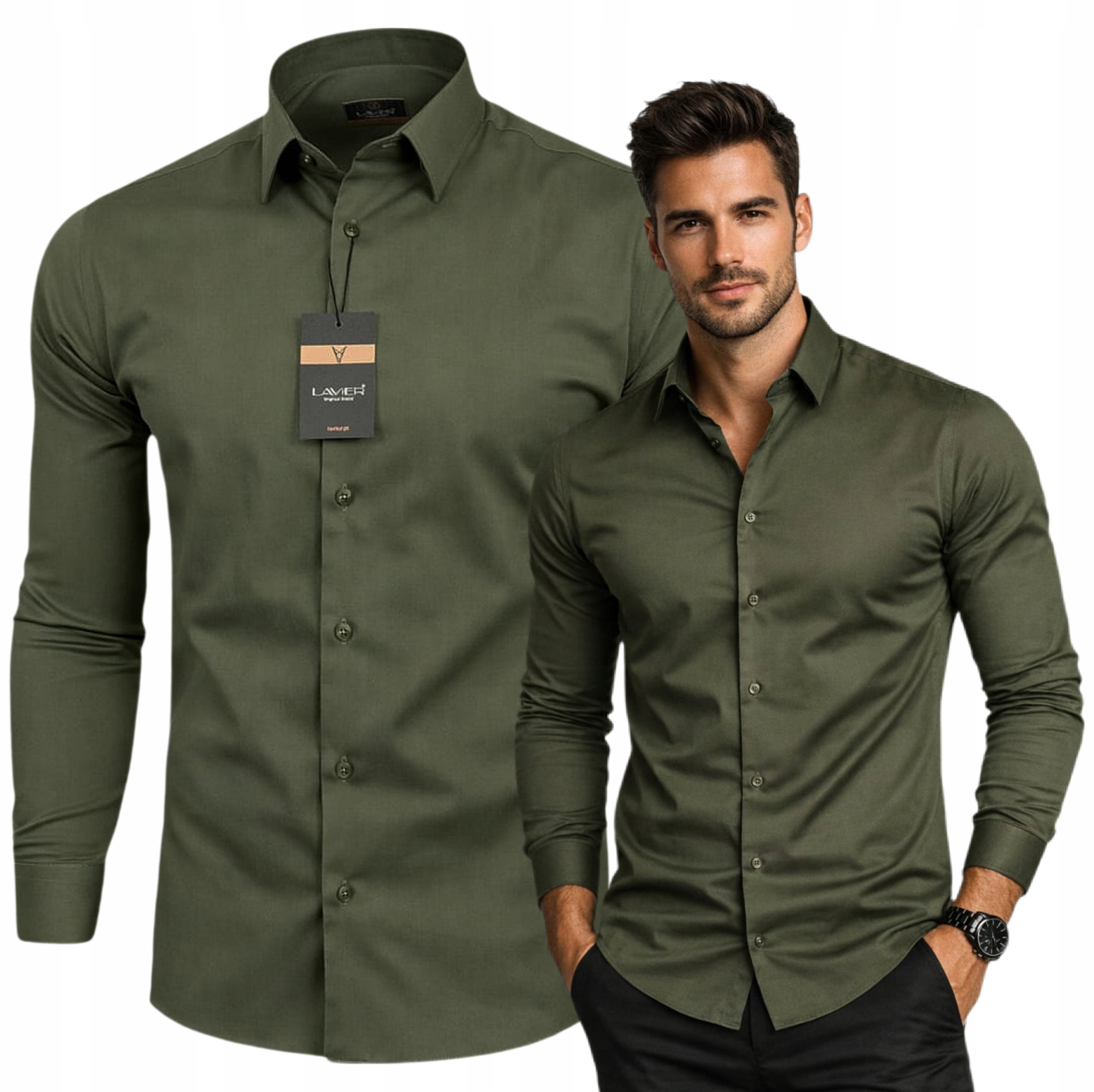 Pánská košile Lavier Khaki Premium – 97% Bavlna , elegantní , úzká, vel. L