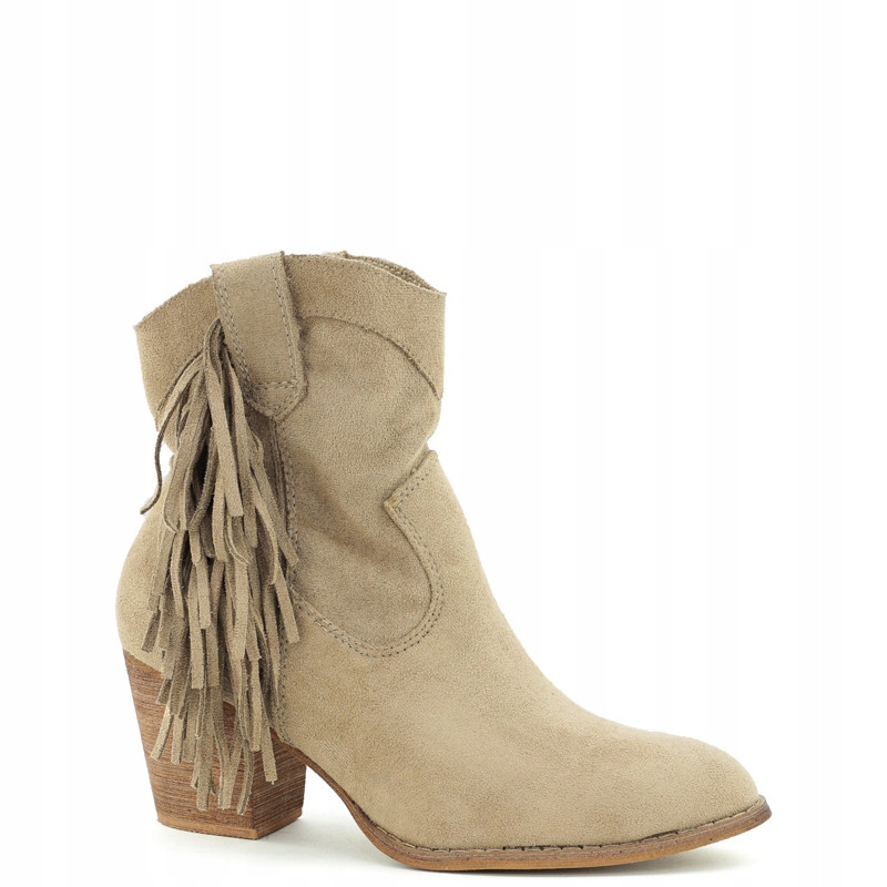 Béžové hnědé dámské kotníkové boty kovbojské boty, semišové třásně, podpatek, sloupek