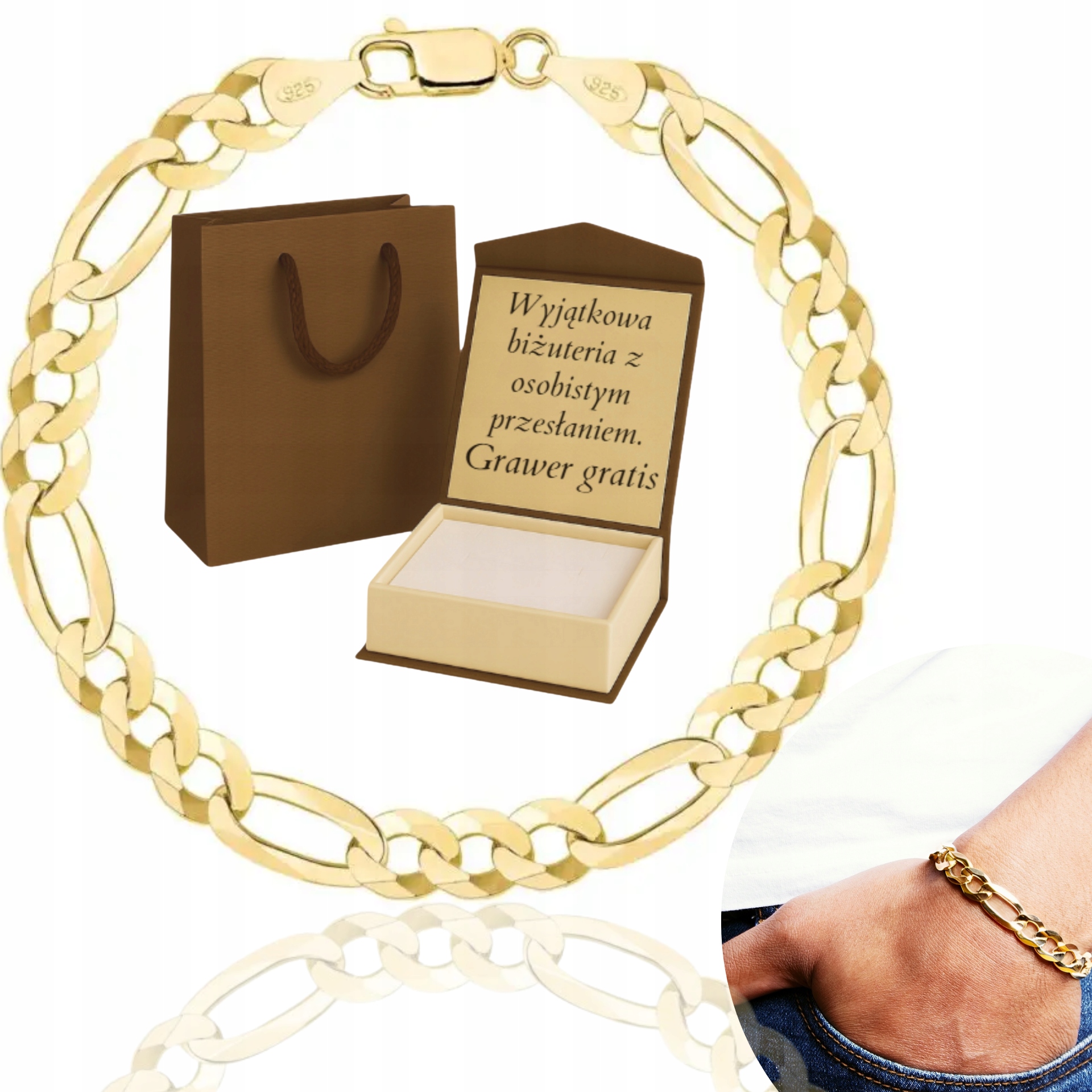 Zlatý Pánský Náramek Figaro Pr. 585 925 Gravírování 11 mm Silný Široký