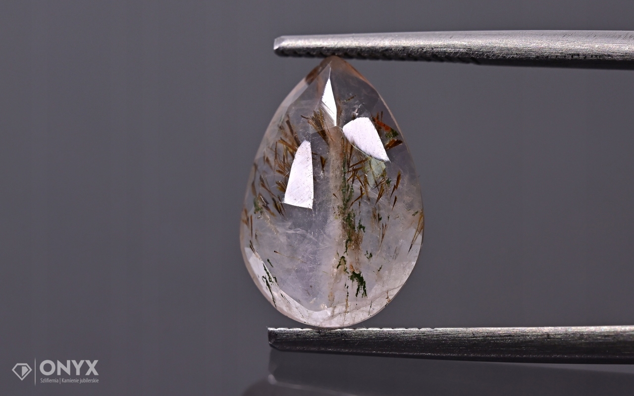 Křemen s rutilem fazetovaná slzná růžice 13x9 mm