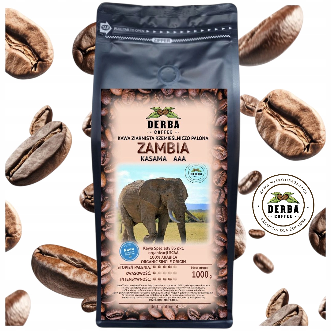 Kawa Zambia Kasama Niskodrażniąca 1kg ziarnista 100% Arabika Specialty