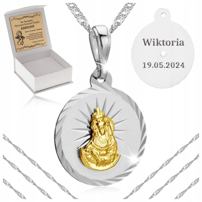 SREBRNY ŁAŃCUSZEK + MEDALIK MATKA BOSKA 925 PREZENT KOMUNIA CHRZEST GRAWER