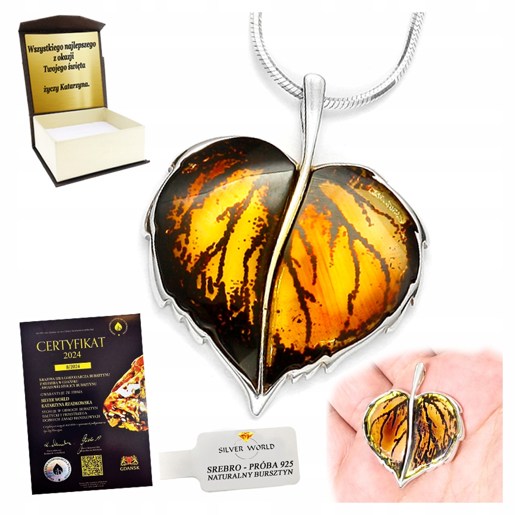 Přívěsek Stříbrný S Baltským Jantarem Nádherný List Lípy Gravírování Bonus