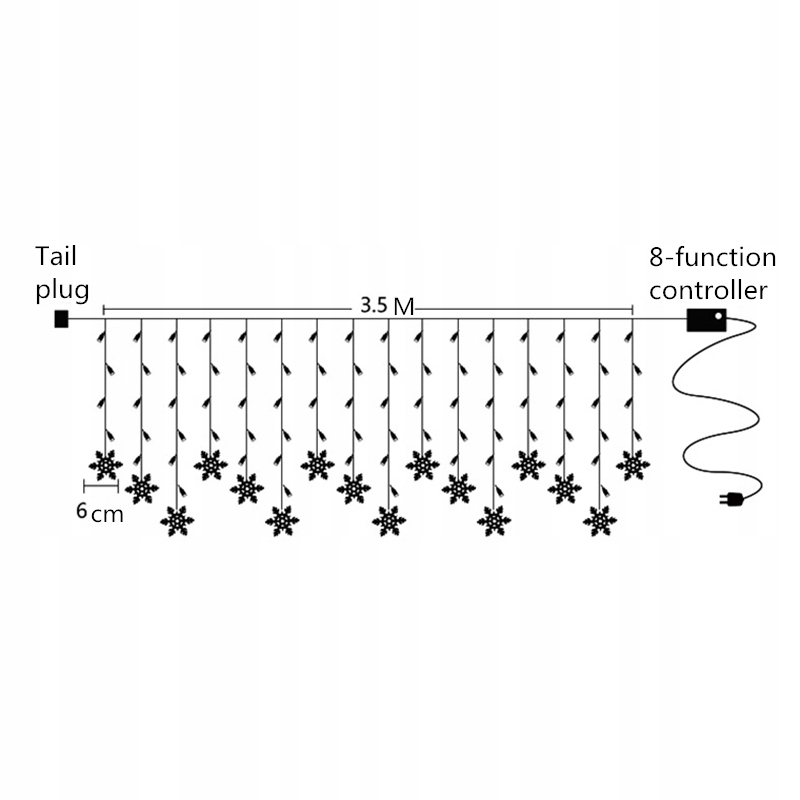 KURTYNA ŚWIETLNA LAMPKI LED GIRLANDA ŚNIEŻYNKI 3,5m Długość sznura 3.66 m