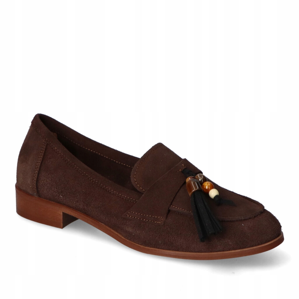 Mokasíny Tuomo 1734 Hnědá Čokoláda+Boho semiš Třásně Korálky Ozdoby 40