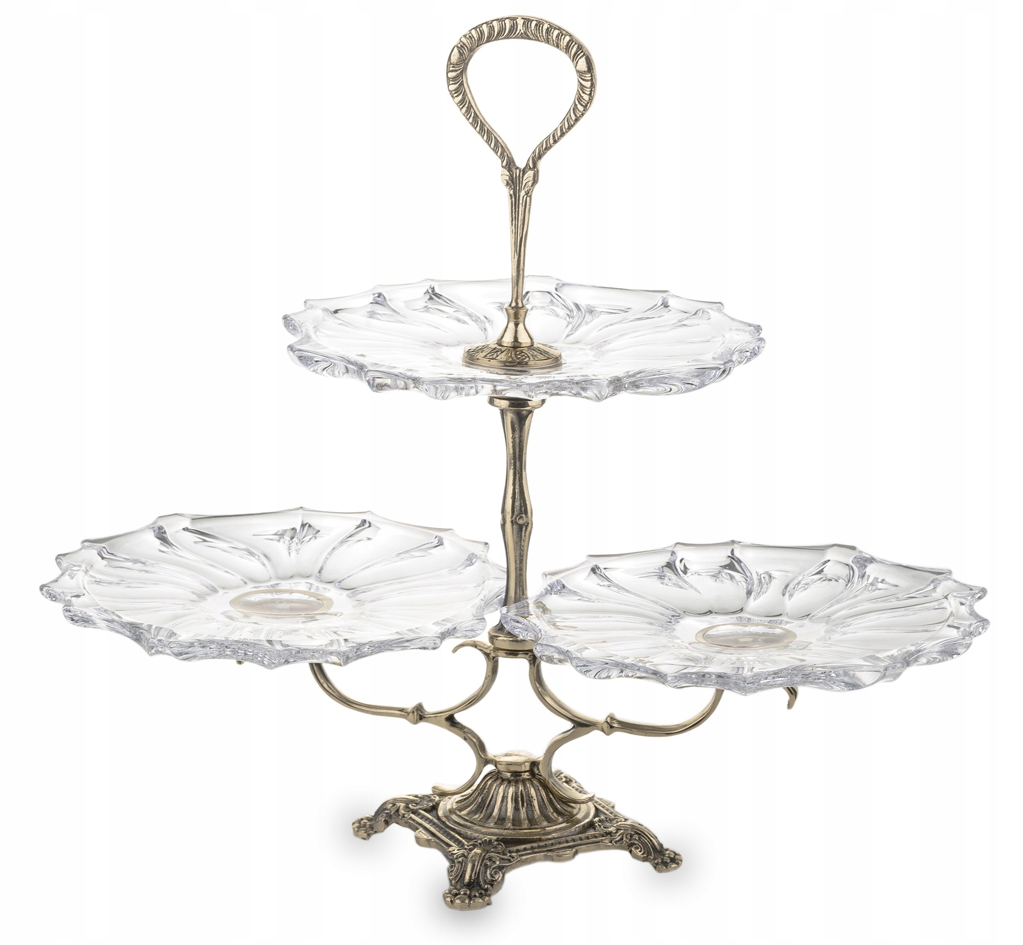 Patera na mosadznej nohe poschodová zlatá mosadz krištáľové sklo taniere